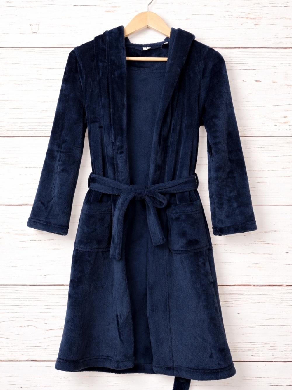 Lands’ End Kids Size 10 Navy Plush Hooded Robe Belted Soft Cozy